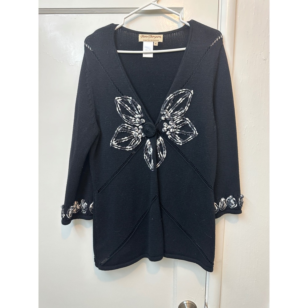 Norm Thompson Black Cotton Knit Floral Ribbon Cardigan Sweater Womens Medium